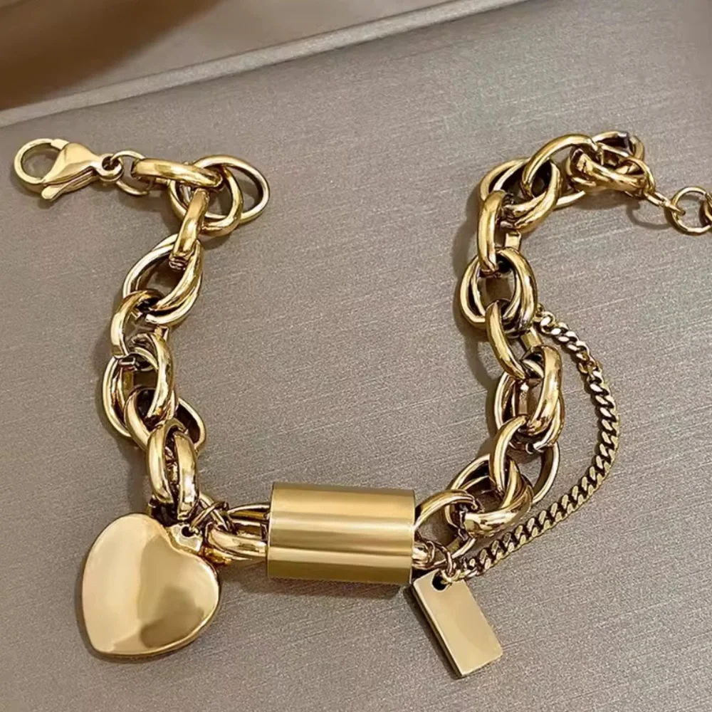 Anthropologie Chunky Gold Chain Bracelet with Heart Lock & Safety Chain - Picture 5 of 9